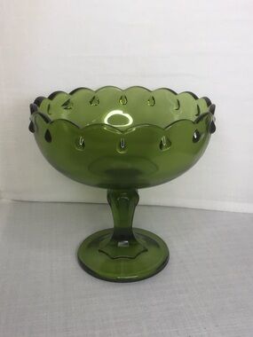Vintage Olive Green Indiana Glass Compote Pedestal Bowl
